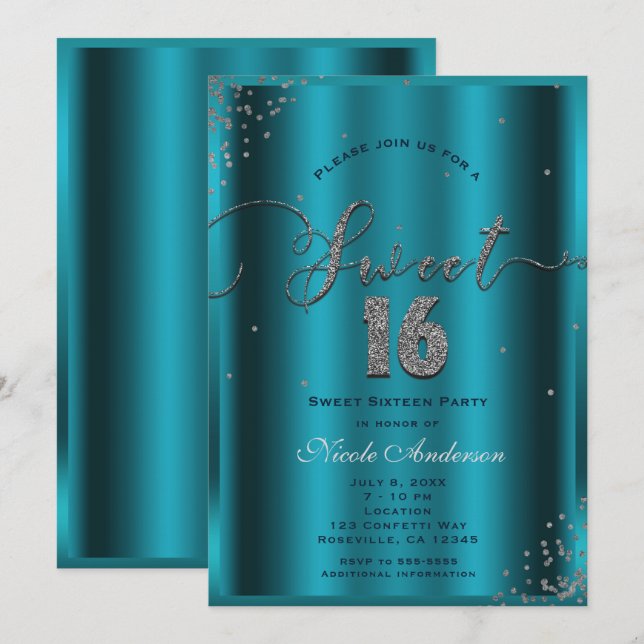 Convite SWEET 16 Dezesseis cantos de Confetti Azul Aqua Az (Frente/Verso)