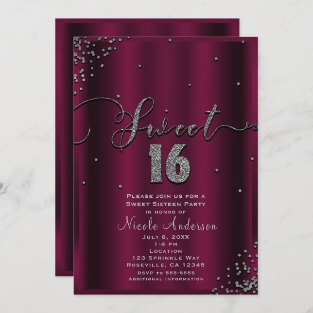Convite SWEET 16 Dezesseis cantos de Confetti Silver Burgu (Frente/Verso)