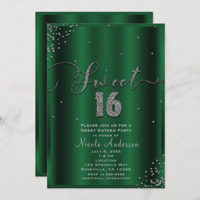 Convite SWEET 16 Dezesseis cantos Emerald & Silver Confett (Frente/Verso)