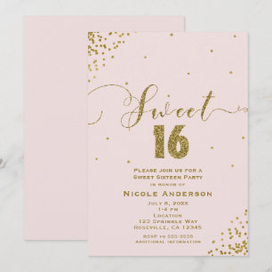 Convite SWEET 16 Dezesseis Confetes Cor-de-rosa e Dourado 