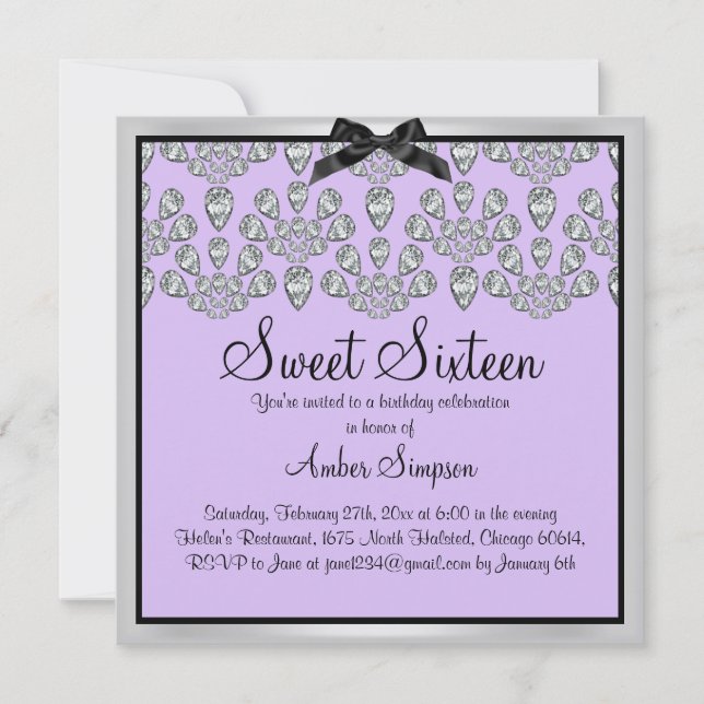 Convite Sweet 16 Diamantes Prata & Roxo Para Sempr (Frente)