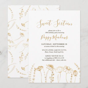 Convite Sweet 16 Dourado Desenho de Flor Selvagem 16º Ani