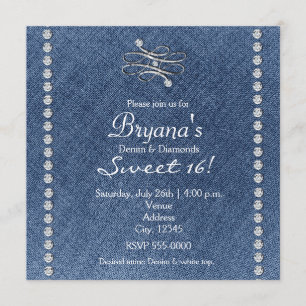 Convite Sweet 16 Emblema Brilho Denim Diamonds