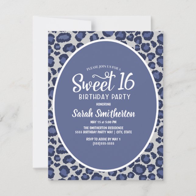Convite Sweet 16 Estampa de Leopardo Azul (Frente)