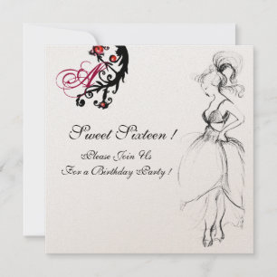 Convite SWEET 16 FESTA DE ANIVERSÁRIO MONOGRAM Vermelho Ne