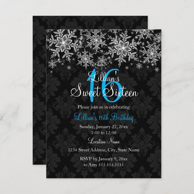 Convite Sweet 16 Floco de Neve Cristal Azul Doce (Frente/Verso)