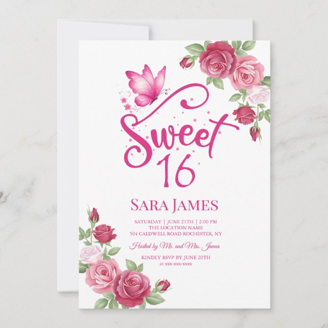 Convite Sweet 16 Floral Borboleta (Frente)