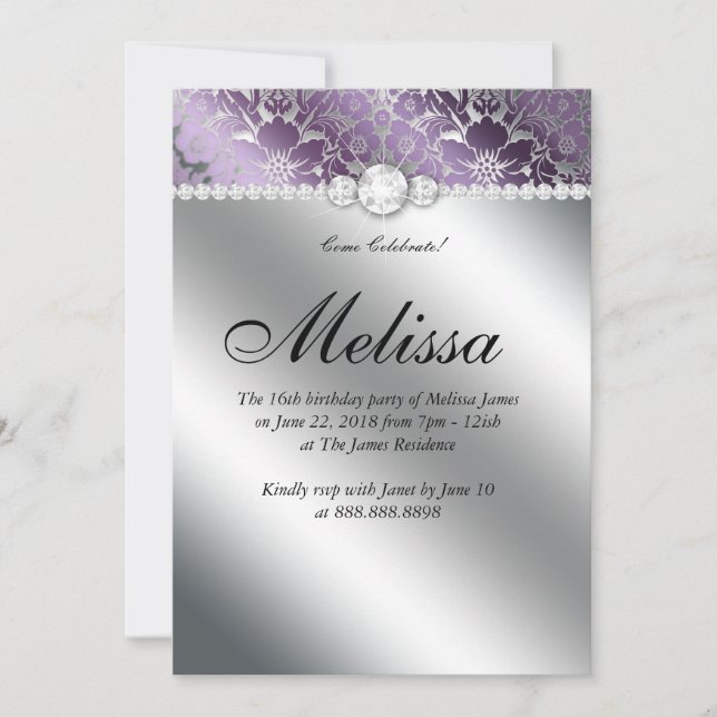 Convite Sweet 16 Floral Damask Roxo Prata (Frente)