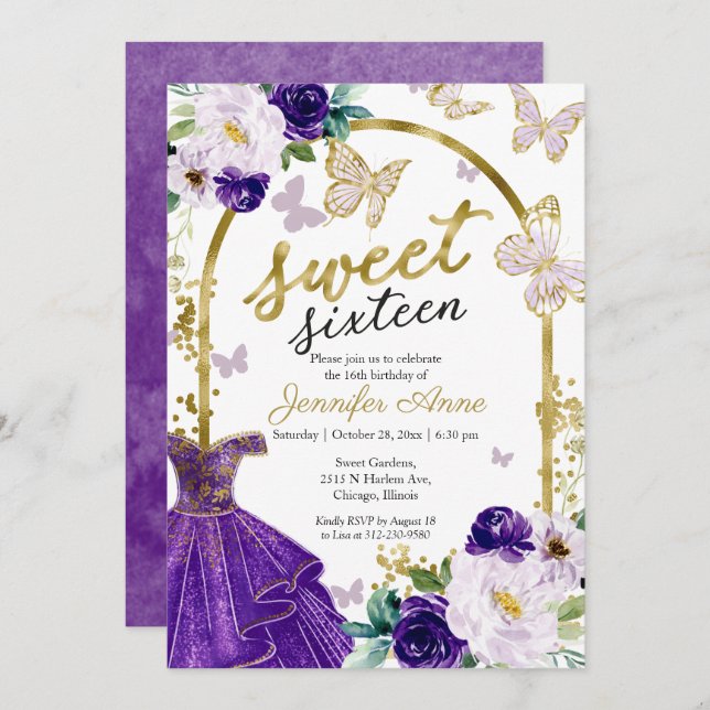 Convite Sweet 16 Floral Purple Dress Butterfly (Frente/Verso)