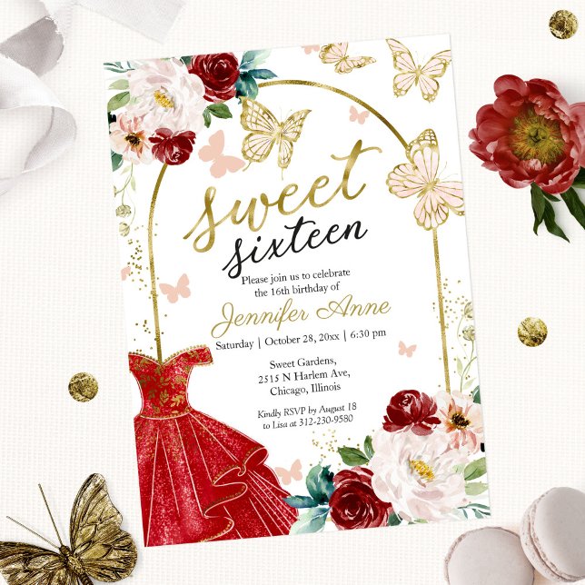 Convite Sweet 16 Floral Red Vress Butterfly (Criador carregado)