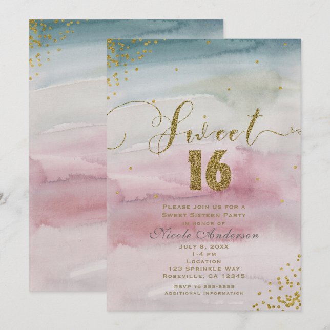 Convite SWEET 16 Glamour Moderno Aquarela Confete Dourado (Frente/Verso)