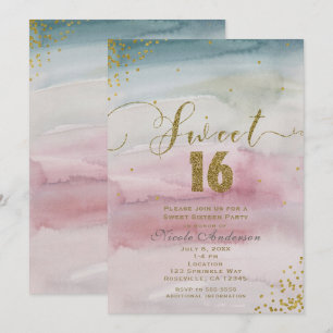 Convite SWEET 16 Glamour Moderno Aquarela Confete Dourado