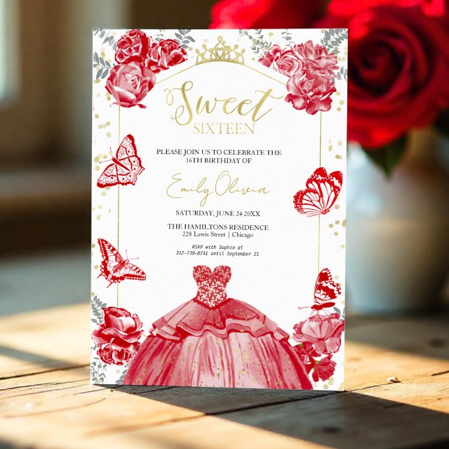 Convite Sweet 16 Invitation Butterfly Red Vress Floral (Criador carregado)