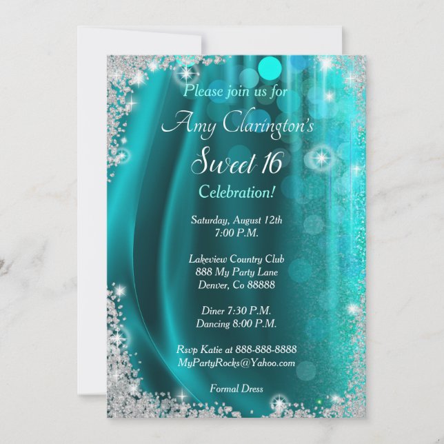 Convite Sweet 16 Invitation Teal & Diamantes (Frente)
