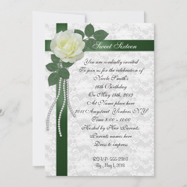 Convite Sweet 16 Invitation White rose e fita verde (Frente)