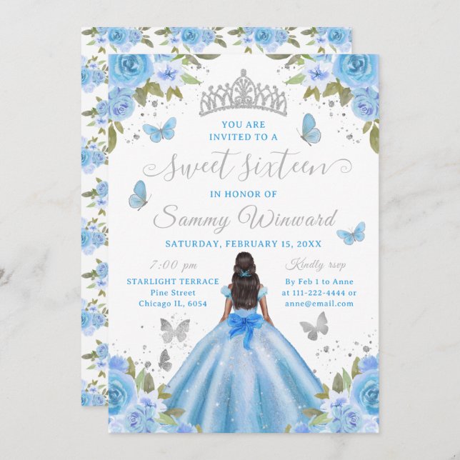 Convite Sweet 16 Light Blue Princess African American Girl (Frente/Verso)