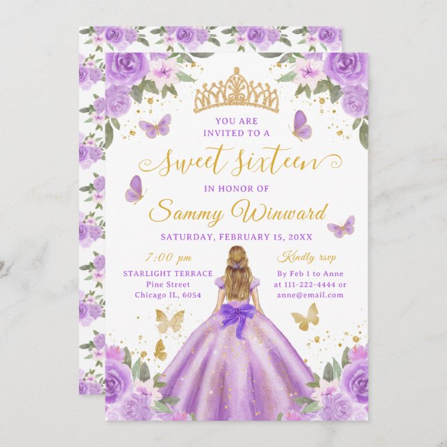 Convite Sweet 16 Light Purple Princess Blonde Girl (Frente/Verso)
