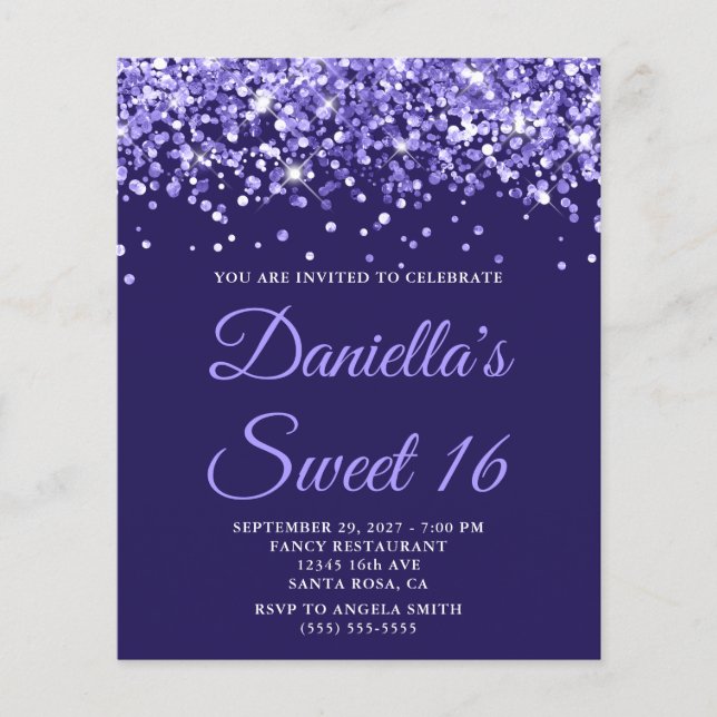 Convite Sweet 16 Lilás Brilho Orçamento Roxo (Frente)