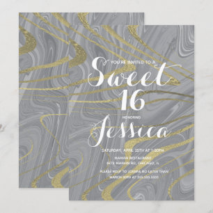 Convite Sweet 16   Mármore Quinze Líquido Cinza Falso Dour