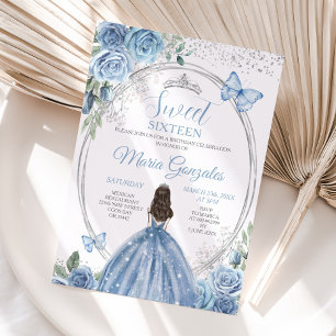 Convite Sweet 16 Mis Quince Dusty Blue & Silver Floral
