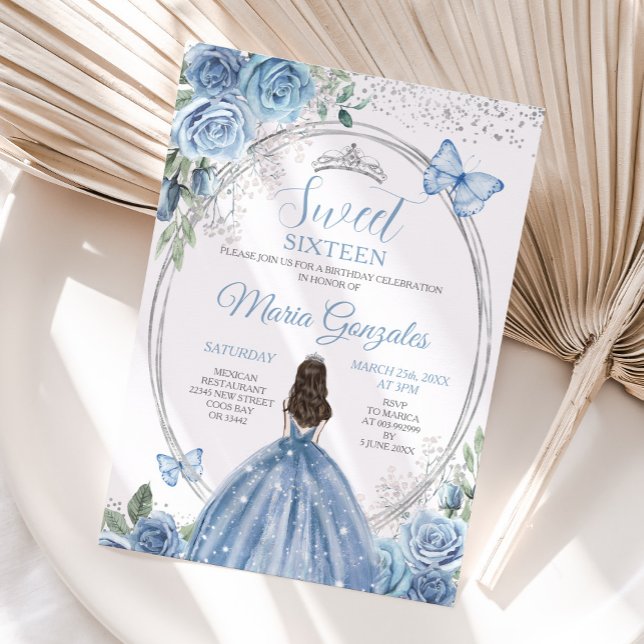Convite Sweet 16 Mis Quince Dusty Blue & Silver Floral (Criador carregado)