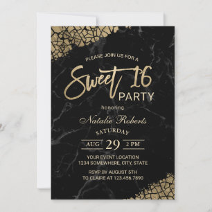 Convite Sweet 16 Modern Black Marble e Tipografia Dourada