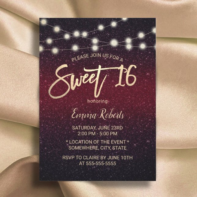 Convite Sweet 16 Modern Burgundy Red Faux Glitter (Criador carregado)