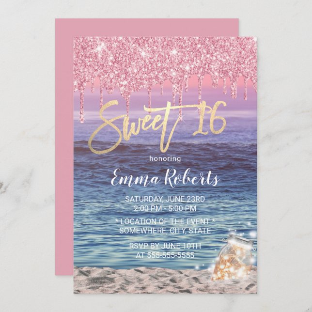 Convite Sweet 16 Modern Pink Glitter Drips Tropical Beach (Frente/Verso)