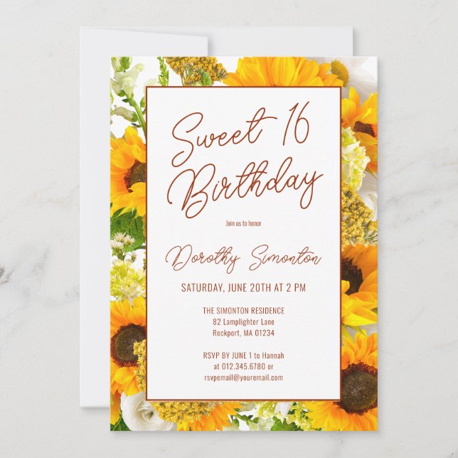 Convite Sweet 16 Modern Sunflower Floral (Frente)