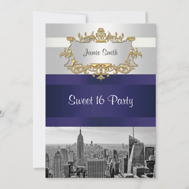 Convite Sweet 16 NYC Skyline BW 05 Branco Azul Mar (Frente)
