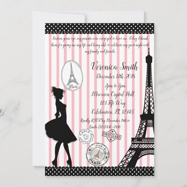 Convite Sweet 16 Paris Passport Pink & Black (Verso)