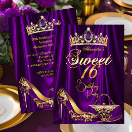 Convite Sweet 16 Party Purple Tiara High heel Purse Gold