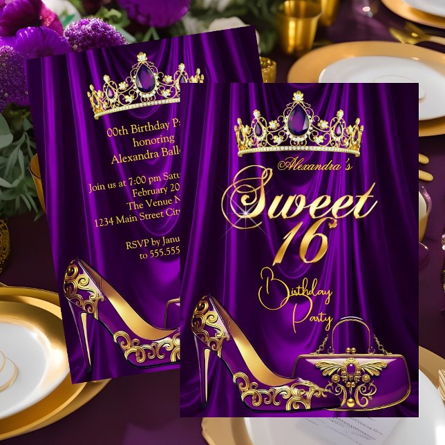 Convite Sweet 16 Party Purple Tiara High heel Purse Gold (Criador carregado)