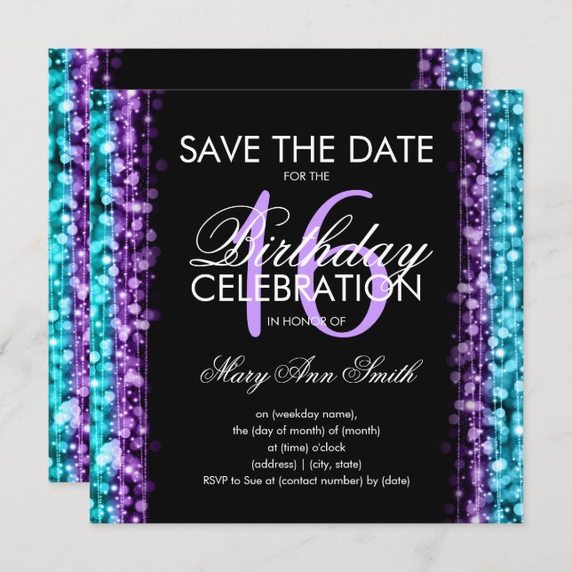 Convite Sweet 16 Party Save The Date Sparkles Purple Teal (Frente/Verso)