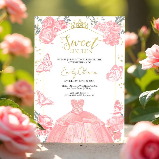 Convite Sweet 16 Photo Invitation Butterfly Pink Floral (Criador carregado)