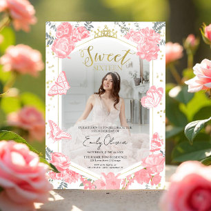 Convite Sweet 16 Photo Invitation Butterfly Pink Floral