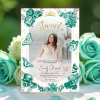 Sweet 16 Photo Invitation Emerald Green Butterfly