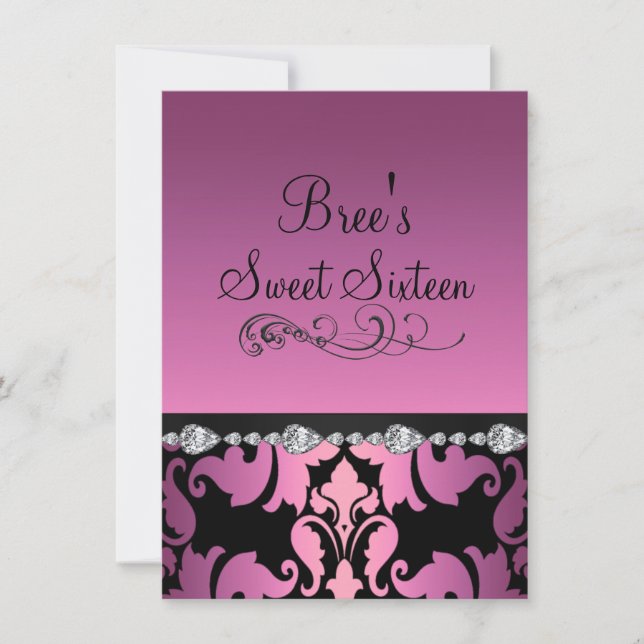 Convite Sweet 16 Pink Damask & Imagem de Diamante (Frente)