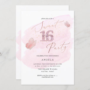 Convite Sweet 16 Pink Diamond Butterflies Watercolor