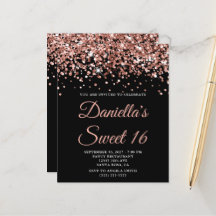 Convite Sweet 16 Preto com Brilho em Rosa Dourado