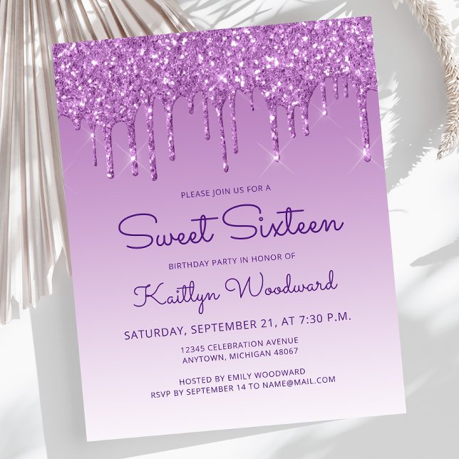 Convite Sweet 16 Purple Drip Glitter Orçamento (Criador carregado)