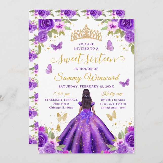 Convite Sweet 16 Purple Princess African American Girl (Frente/Verso)