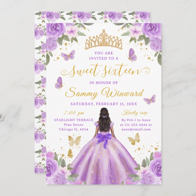 Convite Sweet 16 Purple Princess African American Girl (Frente/Verso)