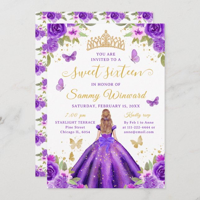 Convite Sweet 16 Purple Princess Blonde Girl (Frente/Verso)