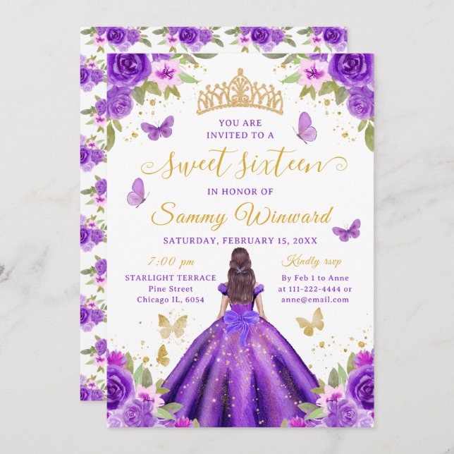 Convite Sweet 16 Purple Princess Brunette Girl (Frente/Verso)