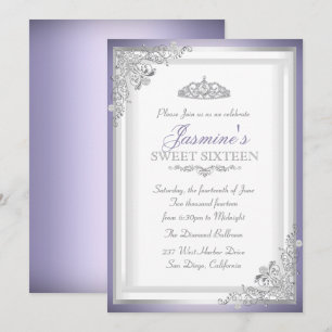 Convite Sweet 16 Purple Silver Damask & Tiara