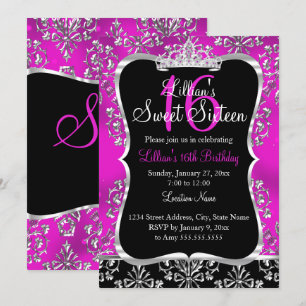 Convite Sweet 16 Rosa Choque Preto Damasco Tiara