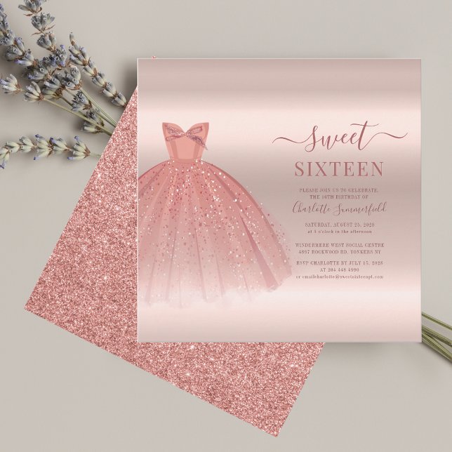 Convite Sweet 16 Rosa Dourado do Script Moderno Glam Birth (Sweet 16 Birthday Glitter and Dress Party Invitation)