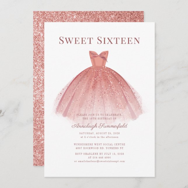 Convite Sweet 16 Rosa Dourado Script Modern (Frente/Verso)