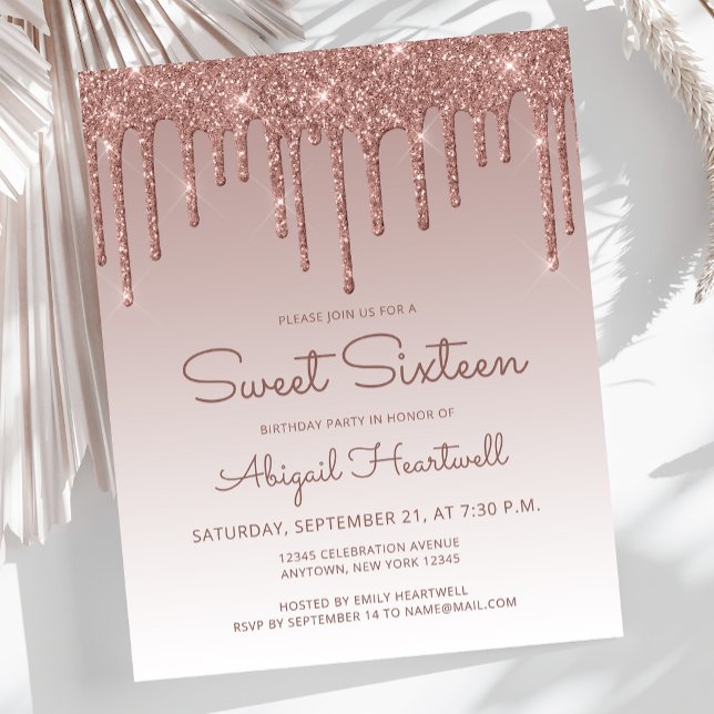 Convite Sweet 16 Rose Gold Glitter Drip Orçamento (Criador carregado)